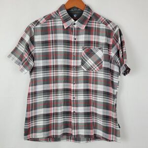 Kuhl Tropik Shirt Mens Medium Red Gray Plaid Open Weave Gauzy Seersucker Airy